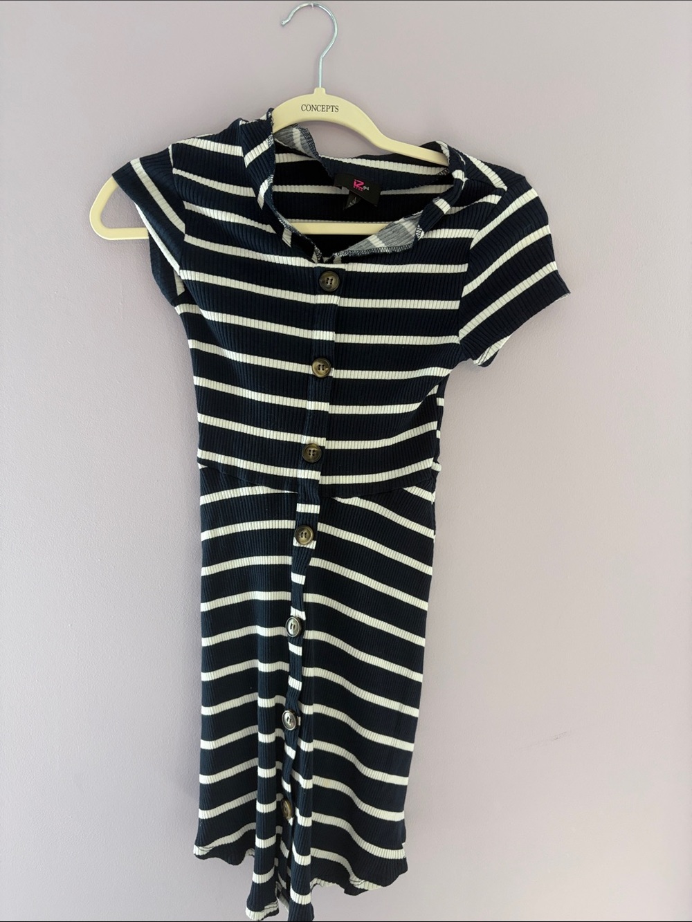 Iz Byer Navy and White Striped Button-Front Knit Dress